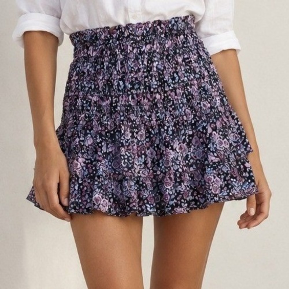 Zara Womens Smocked Floral Mini Skirt Purple Blue Ruffle Hem XS